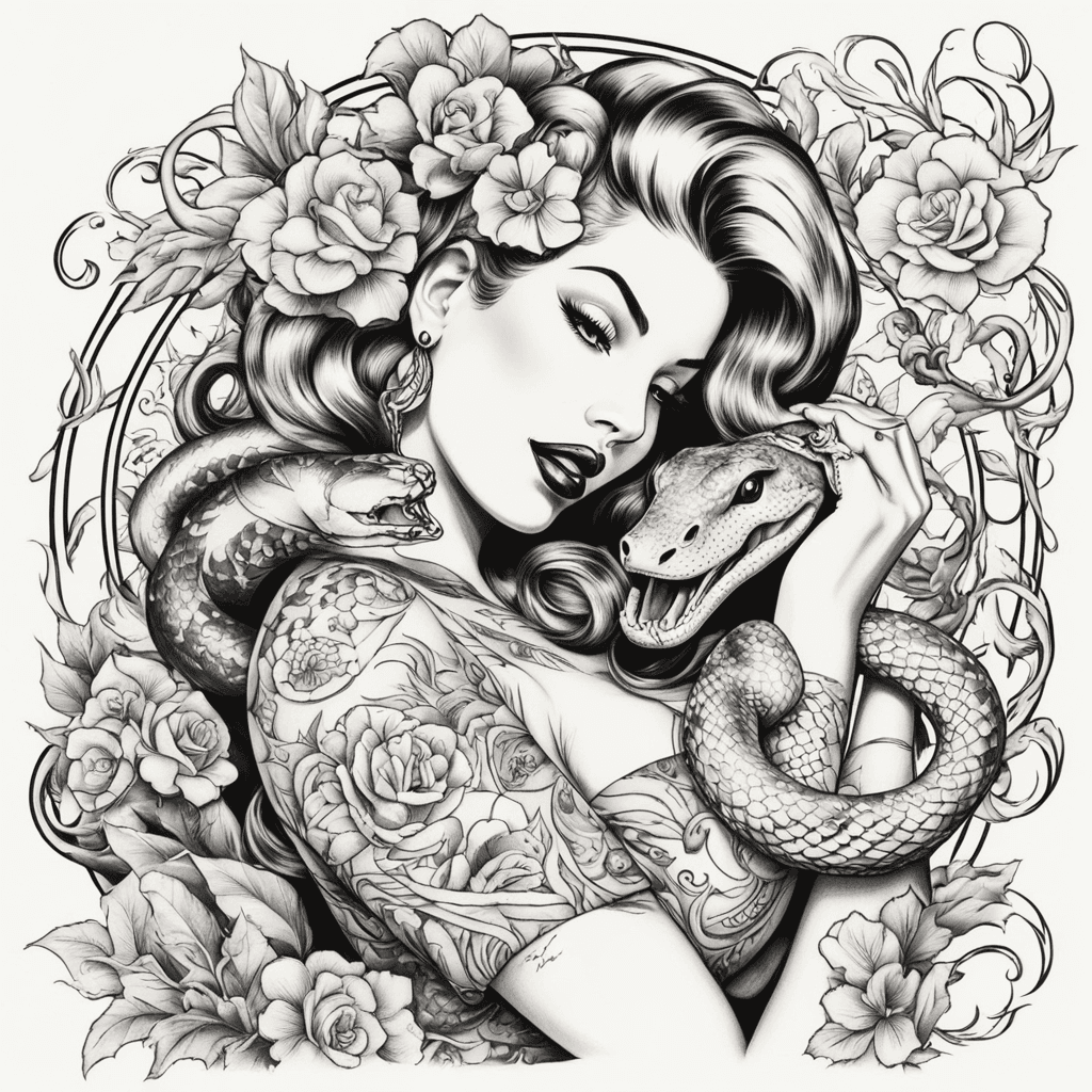 A pinup girl with a snake covering her privates