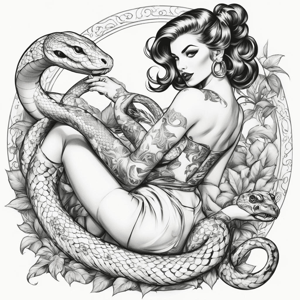 A pinup girl with a snake covering her privates