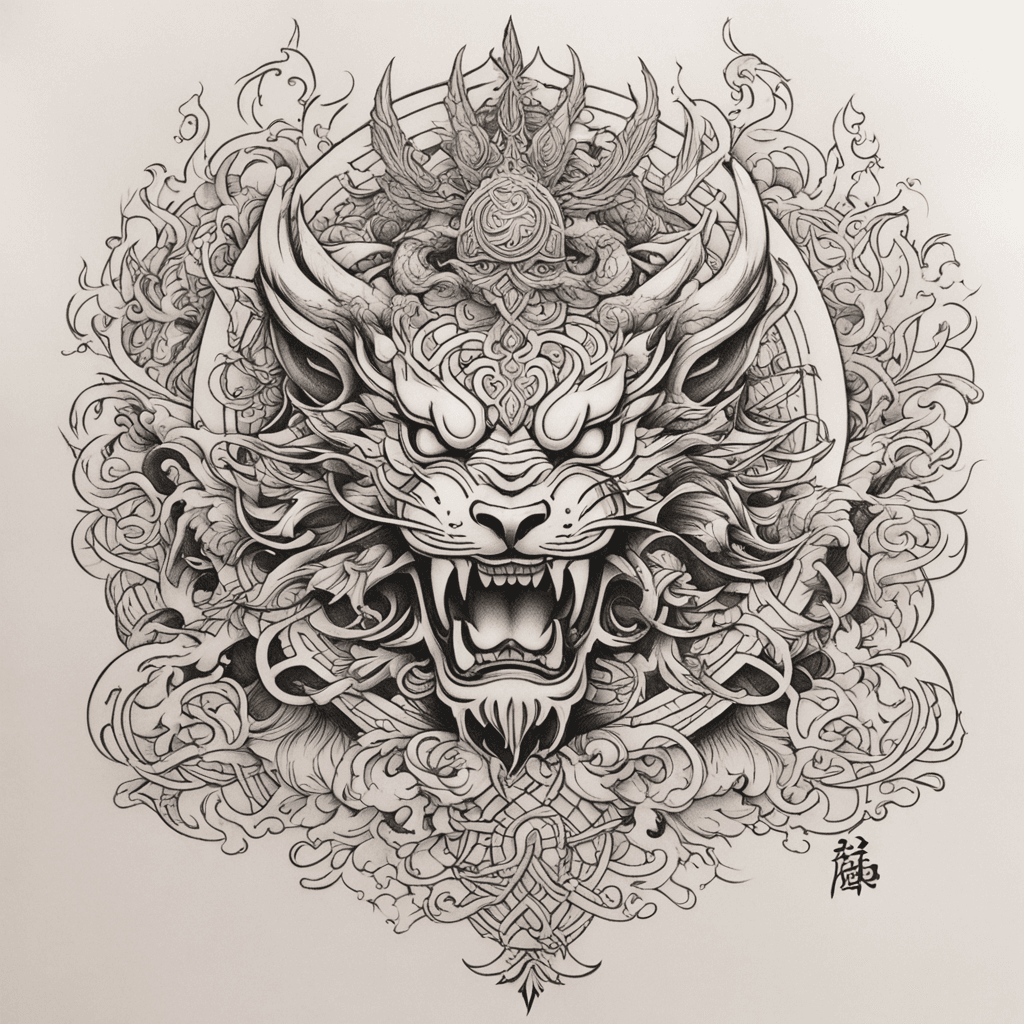 主元素：恶魔蛇（蛇身盘绕苹果树，蛇头位于胸口正中，尾部延伸至后背）。 辅助元素：禁果（苹果）、藤蔓、少量火焰或荆棘（象征诱惑与惩罚）。 动态设计：蛇身缠绕大臂前中后束，蛇头从胸口向锁骨延伸，尾部经胸下至后背，形成连贯的流动感（类似 3中花臂蛇的缠绕逻辑）。 具体分区设计 大臂段（前中后束）： 蛇身以S形曲线盘绕，穿插藤蔓枝叶，突出肌肉线条。 根部点缀1-2颗裂开的禁果（简化细节，仅用线条勾勒）。 胸口至锁骨： 蛇头设计为恶魔化（尖锐犄角、火焰状瞳孔），口衔苹果，强化诱惑主题（参考 1中的小恶魔元素）。 胸下至后背右侧： 尾部逐渐虚化，融入荆棘或锁链（遮盖成本低且易延展）