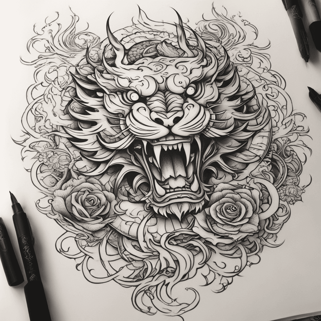 主元素：恶魔蛇（蛇身盘绕苹果树，蛇头位于胸口正中，尾部延伸至后背）。 辅助元素：禁果（苹果）、藤蔓、少量火焰或荆棘（象征诱惑与惩罚）。 动态设计：蛇身缠绕大臂前中后束，蛇头从胸口向锁骨延伸，尾部经胸下至后背，形成连贯的流动感（类似 3中花臂蛇的缠绕逻辑）。 具体分区设计 大臂段（前中后束）： 蛇身以S形曲线盘绕，穿插藤蔓枝叶，突出肌肉线条。 根部点缀1-2颗裂开的禁果（简化细节，仅用线条勾勒）。 胸口至锁骨： 蛇头设计为恶魔化（尖锐犄角、火焰状瞳孔），口衔苹果，强化诱惑主题（参考 1中的小恶魔元素）。 胸下至后背右侧： 尾部逐渐虚化，融入荆棘或锁链（遮盖成本低且易延展）