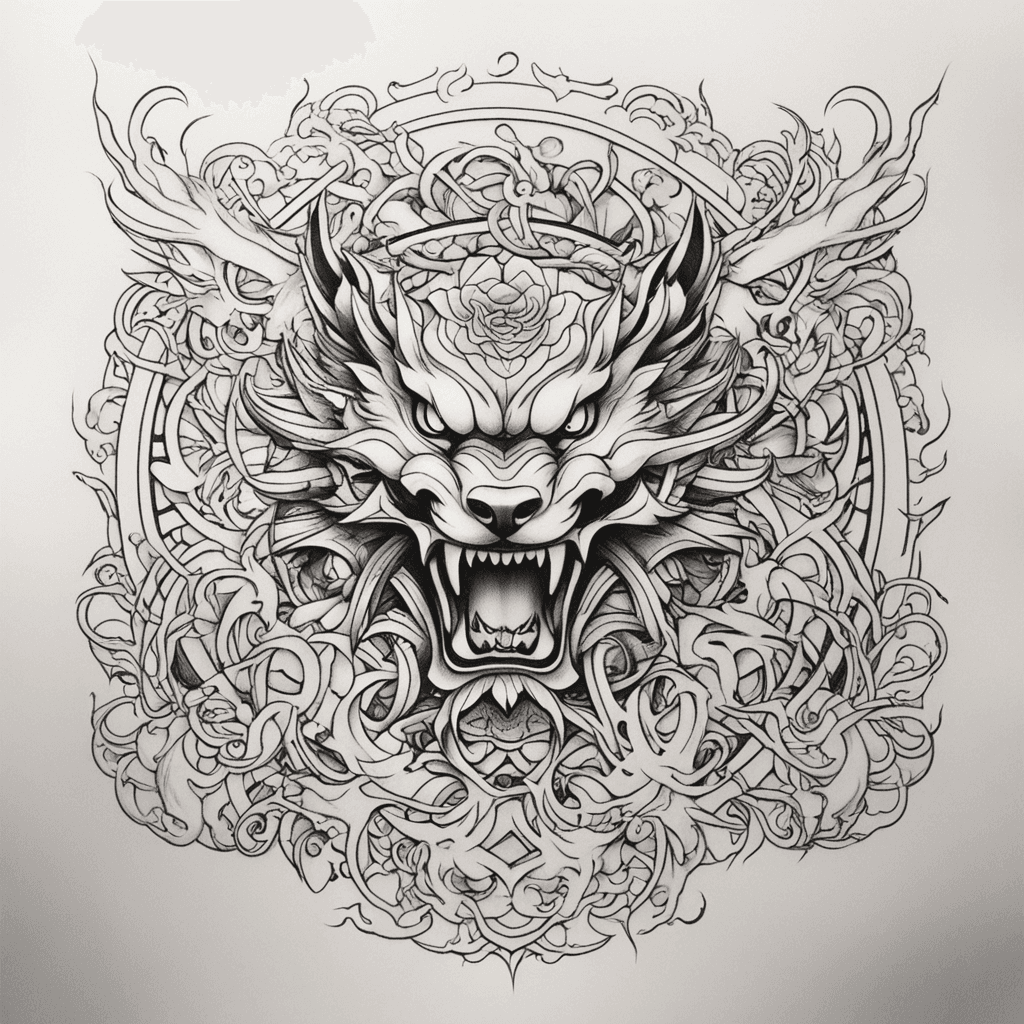 主元素：恶魔蛇（蛇身盘绕苹果树，蛇头位于胸口正中，尾部延伸至后背）。 辅助元素：禁果（苹果）、藤蔓、少量火焰或荆棘（象征诱惑与惩罚）。 动态设计：蛇身缠绕大臂前中后束，蛇头从胸口向锁骨延伸，尾部经胸下至后背，形成连贯的流动感（类似 3中花臂蛇的缠绕逻辑）。 具体分区设计 大臂段（前中后束）： 蛇身以S形曲线盘绕，穿插藤蔓枝叶，突出肌肉线条。 根部点缀1-2颗裂开的禁果（简化细节，仅用线条勾勒）。 胸口至锁骨： 蛇头设计为恶魔化（尖锐犄角、火焰状瞳孔），口衔苹果，强化诱惑主题（参考 1中的小恶魔元素）。 胸下至后背右侧： 尾部逐渐虚化，融入荆棘或锁链（遮盖成本低且易延展）
