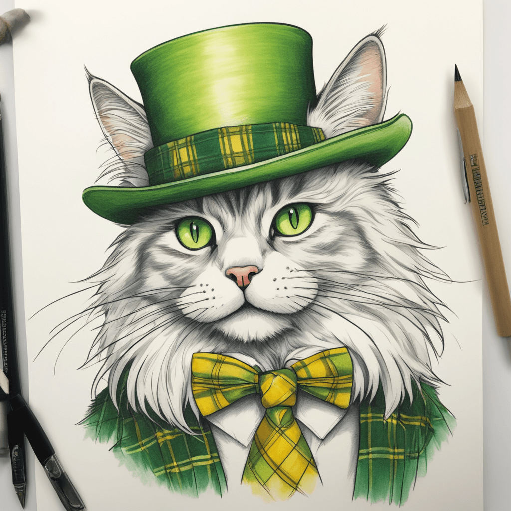 A fluffy, medium-sized cat, centered in the image, is wearing a green top hat and a green and yellow plaid tie.  The cat has a light brown and white coat with a fluffy texture. Its eyes are large and bright green, and its mouth is open in a joyful expression, tongue slightly visible. The cat's ears are rounded and perked. The cat is sitting with its paws on the ground, facing the viewer directly. The background is a light, mint green color with small, scattered white dots.  Four-leaf clovers are subtly placed in the corners of the image, adding to the St. Patrick's Day theme. The lighting is soft and bright, highlighting the cat's fur and the hat. The style is cartoonish and whimsical, evoking a sense of playful celebration.  The composition is simple and straightforward, with the cat as the main focus, against a plain background. The perspective is from slightly above the cat, emphasizing the details of the cat's fur and features.