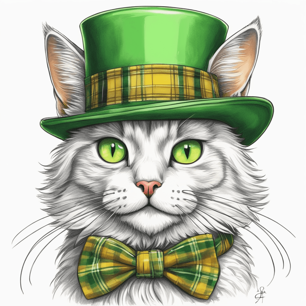 A fluffy, medium-sized cat, centered in the image, is wearing a green top hat and a green and yellow plaid tie.  The cat has a light brown and white coat with a fluffy texture. Its eyes are large and bright green, and its mouth is open in a joyful expression, tongue slightly visible. The cat's ears are rounded and perked. The cat is sitting with its paws on the ground, facing the viewer directly. The background is a light, mint green color with small, scattered white dots.  Four-leaf clovers are subtly placed in the corners of the image, adding to the St. Patrick's Day theme. The lighting is soft and bright, highlighting the cat's fur and the hat. The style is cartoonish and whimsical, evoking a sense of playful celebration.  The composition is simple and straightforward, with the cat as the main focus, against a plain background. The perspective is from slightly above the cat, emphasizing the details of the cat's fur and features.