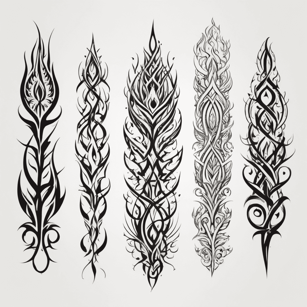 Generate three separate, vertically aligned black tribal tattoo designs on a pure white background, with each design measuring 2 cm × 19 cm.  Each design must follow a bold tribal aesthetic, focusing on sharp, flowing, and interwoven abstract patterns, resembling vines or flames, but without realistic plant details.  Sharp and bold tribal lines—no soft curves or delicate plant structures. Avoid tree branches, realistic vines, or natural-looking plants. The designs must appear designed rather than grown. Emphasize tribal aesthetics with bold strokes, tapered ends, interlocking patterns, and rhythmic flow. Each design should be unique, but share a consistent tribal theme. Deep black ink only, no gray shading or color gradients. Background must be pure white, ensuring clean contrast. Strictly NO skulls, demonic faces, weapons, text, or religious symbols. The final result should be clean, striking, and suitable for a temporary tattoo sticker, with a strong tribal identity and an organic yet artificial design flow.