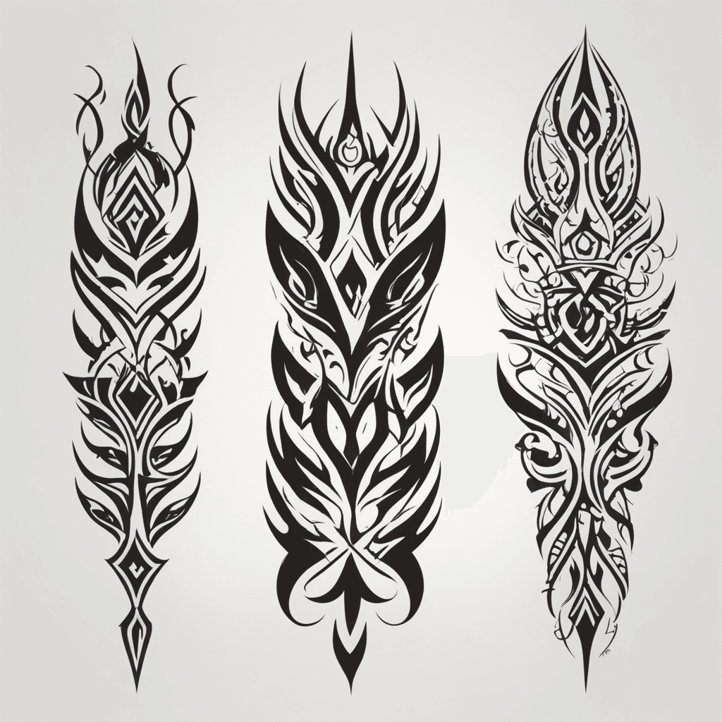 Generate a cohesive set of three vertically aligned black tribal tattoo designs, intended as a unified combination. Each design should measure 2 cm × 19 cm, displayed on a pure white background.  The three designs should visually complement each other, forming a harmonious set rather than three completely separate pieces. Sharp, bold tribal strokes, featuring flowing, interwoven patterns inspired by flames, waves, or abstract tribal symbols. No vines, tree branches, or plant-like growth—the shapes should feel carved and designed rather than organic. The set should have a balanced composition, with each design distinct yet interconnected through repeating motifs or progressive variations. Strong black ink with high contrast, ensuring clarity and impact as a tattoo sticker. Strictly NO skulls, demonic faces, weapons, text, or religious symbols. The final result should be visually dynamic, striking, and unified, creating a powerful tribal aesthetic when viewed together."