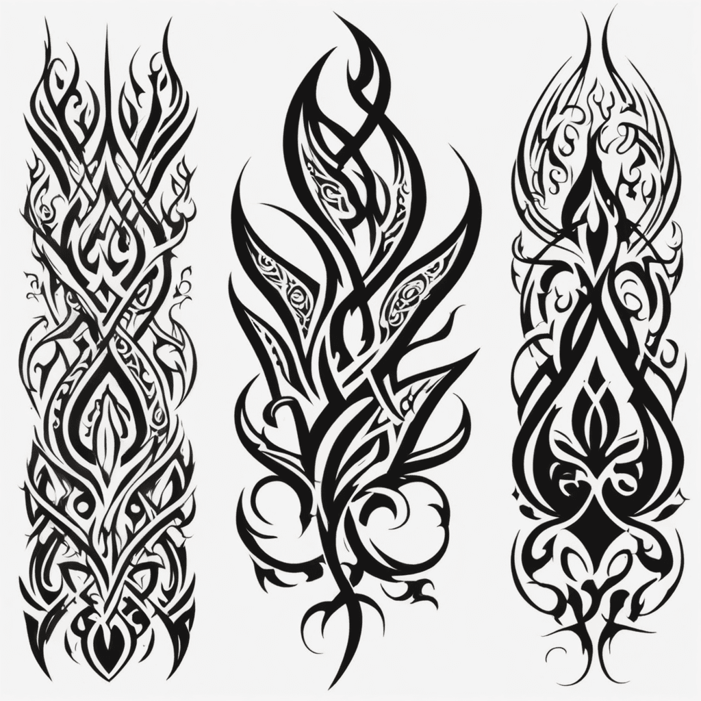 A black tribal tattoo sticker design consisting of three vertically aligned individual patterns, forming a continuous and cohesive combination for easy peeling and application. Each pattern must be exactly 2 cm × 19 cm, with the first one slightly narrower to fit within the required dimensions. The design should feature smooth, organic, and flowing lines inspired by flames, vines, or waves, maintaining an abstract tribal aesthetic without realistic plant details. The patterns should seamlessly connect while keeping distinct individual designs. The color must be solid black with a pure white background, without any gradients or gray areas. The bottom of the second pattern should be completely white. Strictly avoid skulls, demon faces, weapons (such as daggers, swords, spears, axes), armor, text, or symbols. Ensure the designs are bold, clean, and visually striking while maintaining the overall vine-like flow without being overly complex