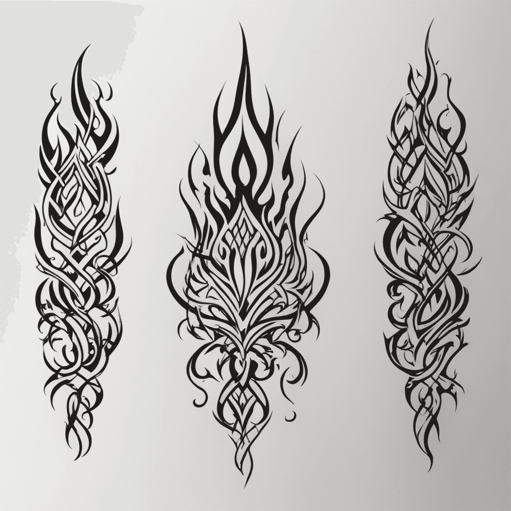 A black tribal tattoo sticker design consisting of three vertically aligned individual patterns, forming a continuous and cohesive combination for easy peeling and application. Each pattern must be exactly 1 cm × 19 cm, designed to be visually connected but still clearly separate. The design should incorporate smooth, organic, and flowing lines inspired by flames, vines, or waves, maintaining an abstract tribal aesthetic without realistic plant details. The patterns should seamlessly connect while keeping distinct individual designs. The color must be solid black with a pure white background, without any gradients or gray areas. The bottom of the second pattern should be completely white. Strictly avoid skulls, demon faces, weapons (such as daggers, swords, spears, axes), armor, text, or symbols. Ensure the designs are bold, clean, and visually striking while maintaining the overall vine-like flow without being overly complex. The patterns should be aligned closely but not merge into a single piece