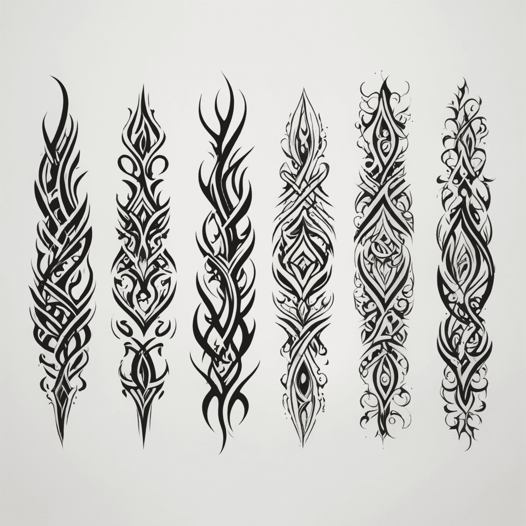 A black tribal tattoo sticker design consisting of three vertically aligned individual patterns, forming a continuous and cohesive combination for easy peeling and application. Each pattern must be exactly 1 cm × 19 cm, designed to be visually connected but still clearly separate. The design should incorporate smooth, organic, and flowing lines inspired by flames, vines, or waves, maintaining an abstract tribal aesthetic without realistic plant details. The patterns should seamlessly connect while keeping distinct individual designs. The color must be solid black with a pure white background, without any gradients or gray areas. The bottom of the second pattern should be completely white. Strictly avoid skulls, demon faces, weapons (such as daggers, swords, spears, axes), armor, text, or symbols. Ensure the designs are bold, clean, and visually striking while maintaining the overall vine-like flow without being overly complex. The patterns should be aligned closely but not merge into a single piece