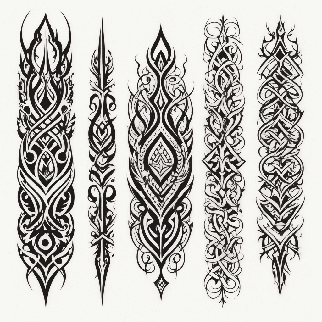 A black tribal style tattoo sticker design consisting of three vertically arranged independent patterns, forming a continuous and coherent whole for easy tearing and pasting. The size of each pattern is strictly 2 cm x 19 cm, and the pattern needs to be slightly narrowed to meet the size requirements. The design style should adopt smooth and organic lines, and the three patterns should be seamlessly connected while maintaining their independent designs. The color must be pure black with a pure white background.