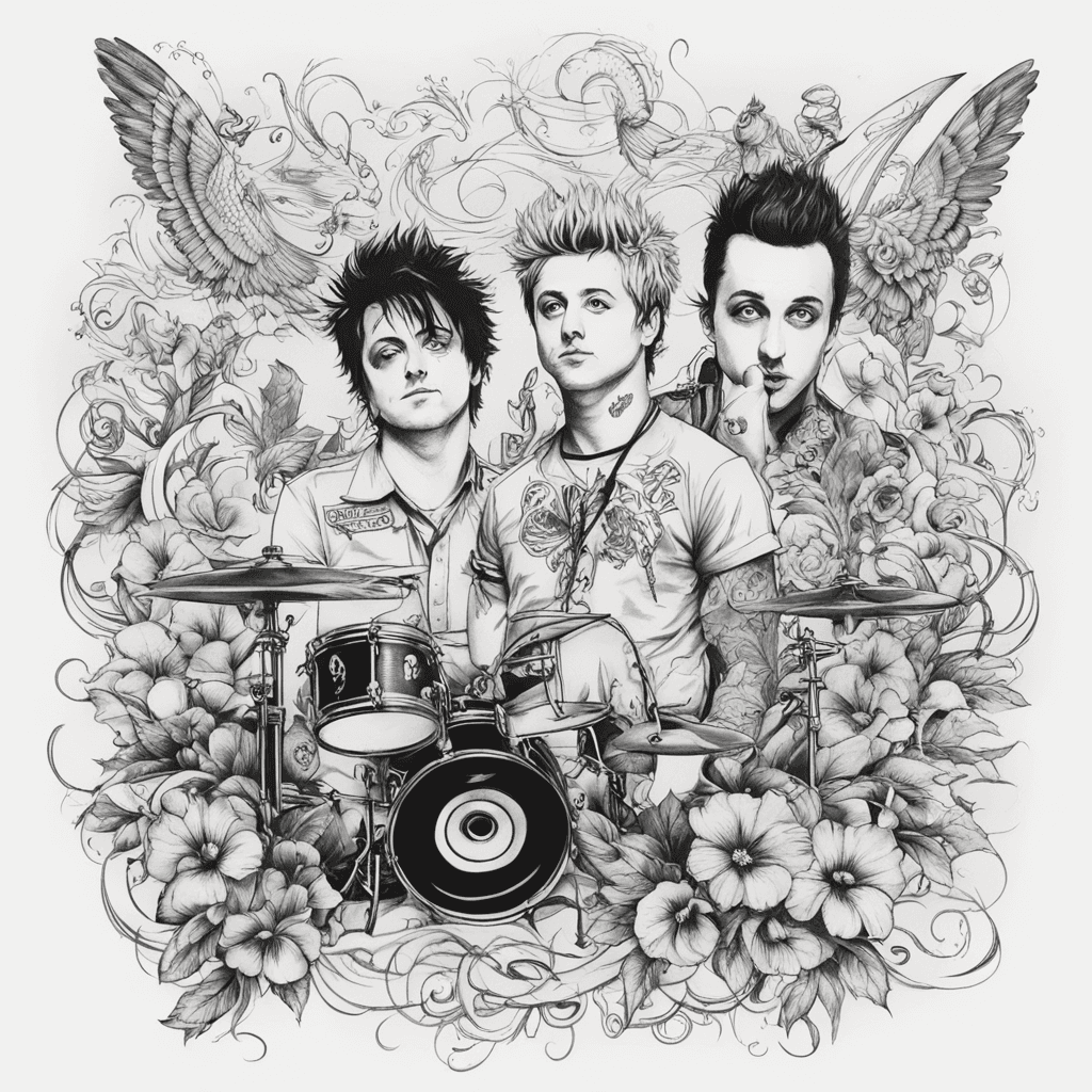 Something with music band Green day, but not  big, maybe there might be a phrase from their popular songs, connecting with pictures on their albums  