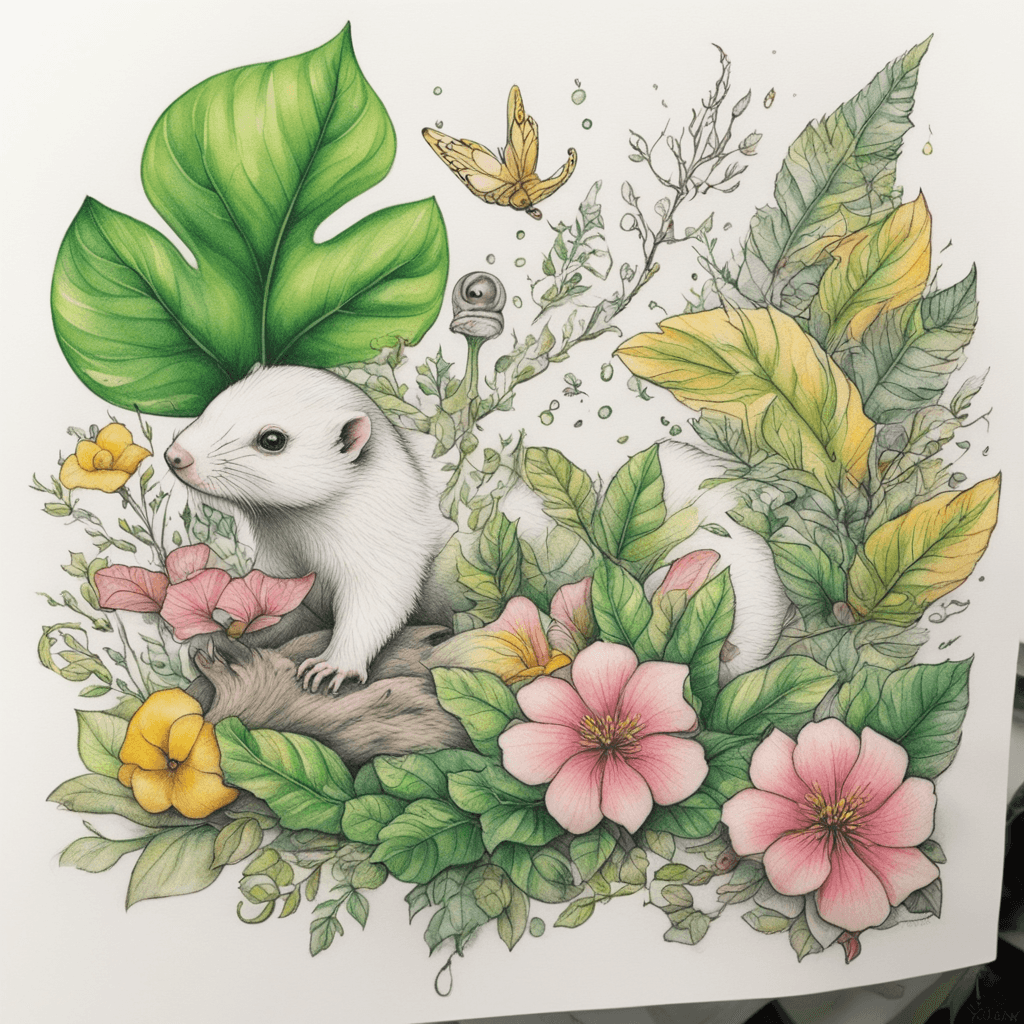 I would like it to look as magical and gentle as possible, but realistic, like a small magical forest. Two ferrets are running through the leaves for distillation, and two fairies are sitting on their fur, a slow forest snail is crawling somewhere along a leaf, a green toad is hiding under a gunner leaf, yellow, pink and blue gypsophila grow here and there, amazing forget-me-nots, phlox, fabulous abutilon, fern and colorful primrose. Yellow, blue, green, pink and blue butterflies flutter among all this beauty. One fairy can peek out from behind the leaves. The other is to sit on a flower, as if resting. The third is to play with a butterfly. It's just that I don't want it to look like just a sleeve, I want it to look like a part of me. It should be a full-fledged picture that can be continued and continued, not fragments, one should flow from the other, but there should also be areas of just clean skin on the hand, that is, no matter where the spot came from, only leaves, flowers, fairies and animals , one ferret will run along the face. one part of the arm is approaching the side, and the other is already on the back running somewhere towards the shoulder. This arrangement will add dynamics and naturalness — the ferrets will seem to actually move along the arm, and not just stand in a static position. This will also help to avoid the feeling of a "straight sleeve", because the drawing will flow around the arm and change perspective when moving. Along the trajectory of movement, butterflies can fly apart, emphasizing the liveliness of the composition. I need to create a joyful feeling of running, freedom, so that the drawing is not just a frozen fragment, but flows around my hand and changes perspective as I move. If the leaves and flowers deviate slightly in the direction of the ferrets' movement, this will create the illusion of speed, as if they are running past and the wind is playing with the plants.