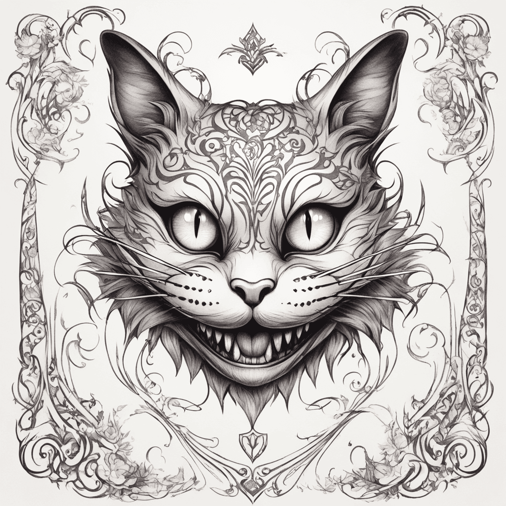 "A stylized Cheshire Cat with a mysterious grin and glowing eyes. Within its pattern or eyes, there is a subtle, elegant reference to my beloved girlfriend – possibly initials, a small silhouette, or a symbol connected to her image. The design should be enigmatic, magical, and fairy tale-like but with a personal meaning. Elements of mist, stars, or neon glow can be added to create a sense of mystery and hidden message."