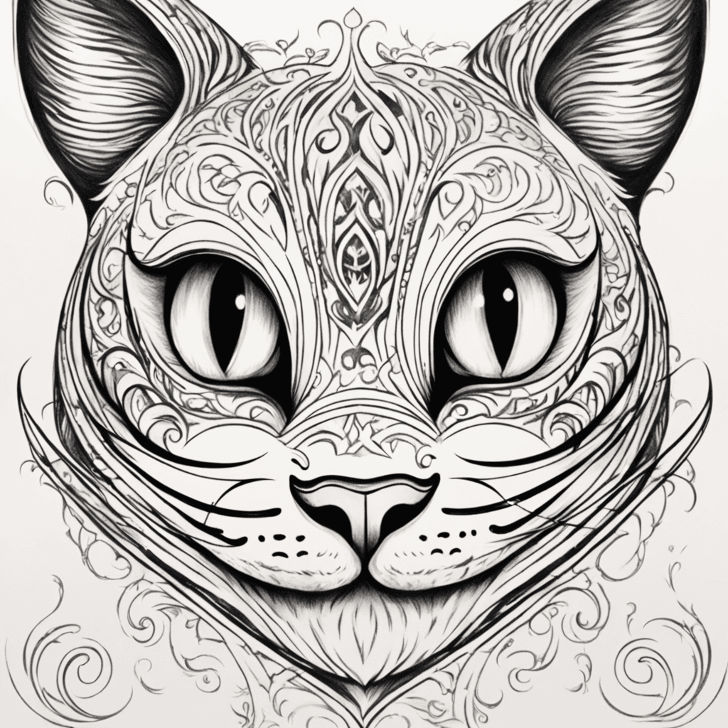 A stylized Cheshire Cat with a mysterious grin and glowing eyes. Within its pattern or eyes, there is a subtle, elegant reference to my beloved girlfriend – possibly initials, a small silhouette, or a symbol connected to her image. The design should also creatively incorporate her name, Evgenia, in an artistic and hidden way, such as within the fur patterns, whiskers, or a mystical background element. The overall style should be enigmatic, magical, and fairy tale-like but with a deeply personal meaning. Elements of mist, stars, or neon glow can be added to create a sense of mystery and a hidden message