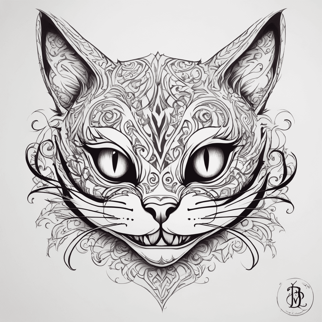 A stylized Cheshire Cat with a mysterious grin and glowing eyes. Within its pattern or eyes, there is a subtle, elegant reference to my beloved girlfriend – possibly initials, a small silhouette, or a symbol connected to her image. The design should also creatively incorporate her name, Evgenia, in an artistic and hidden way, such as within the fur patterns, whiskers, or a mystical background element. The overall style should be enigmatic, magical, and fairy tale-like but with a deeply personal meaning. Elements of mist, stars, or neon glow can be added to create a sense of mystery and a hidden message