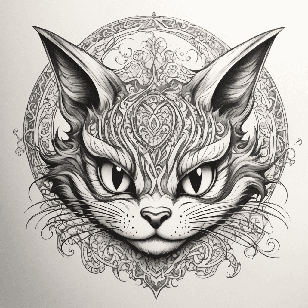 "A stylized Cheshire Cat with its famous wide, mischievous grin and glowing eyes. Within its pattern or eyes, there is a subtle, elegant reference to my beloved girlfriend – possibly initials, a small silhouette, or a symbol connected to her image. Her name, Evgenia, must be present in the design, artistically integrated into the fur patterns, whiskers, glowing eyes, or a mystical background element. The overall style should be enigmatic, magical, and fairy tale-like but with a deeply personal meaning. Elements of mist, stars, or neon glow can be added to create a sense of mystery and a hidden message."