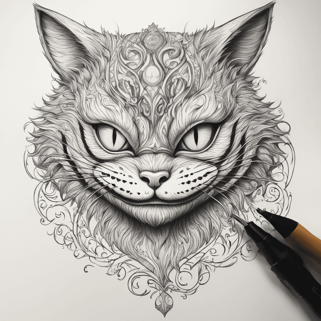 Create a tattoo sketch of the Cheshire Cat from the latest 'Alice in Wonderland' movie, capturing his iconic mysterious grin and glowing eyes. The design should reflect his whimsical, slightly eerie charm, with detailed fur patterns and a magical atmosphere. The name 'Evgenia' must be clearly incorporated into the design — it can be woven into the cat's fur, hidden in the mist, or elegantly placed along the curve of his grin. The overall vibe should be enchanting, darkly playful, and full of wonder