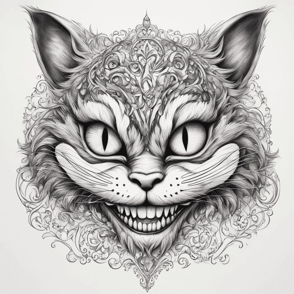 Create a tattoo sketch of the Cheshire Cat from the latest 'Alice in Wonderland' movie, capturing his iconic mysterious grin and glowing eyes. The design should reflect his whimsical, slightly eerie charm, with detailed fur patterns and a magical atmosphere. The name 'Evgenia' must be clearly incorporated into the design — it can be woven into the cat's fur, hidden in the mist, or elegantly placed along the curve of his grin. The overall vibe should be enchanting, darkly playful, and full of wonder