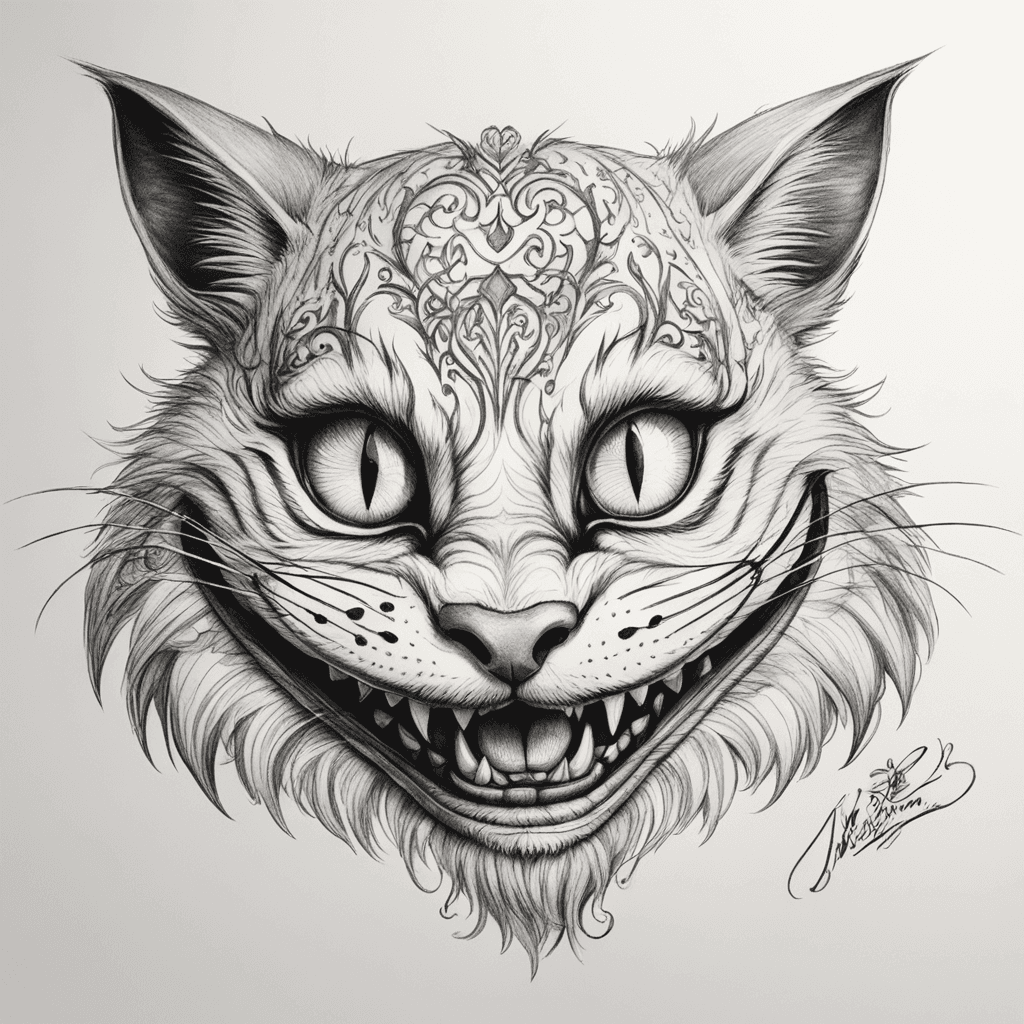 Tattoo sketch of the Cheshire Cat from the 'Alice in Wonderland' movie with Johnny Depp, featuring his iconic wide, mysterious grin and piercing, glowing eyes. The design should capture the cat’s whimsical and slightly eerie charm, with intricate fur patterns and a magical, dreamlike atmosphere. The name 'Evgenia' must be seamlessly integrated into the design — it can flow along the curve of the cat's grin, be hidden in the swirling mist, or elegantly woven into the fur. The overall style should feel enchanting, mysterious, and full of wonder.