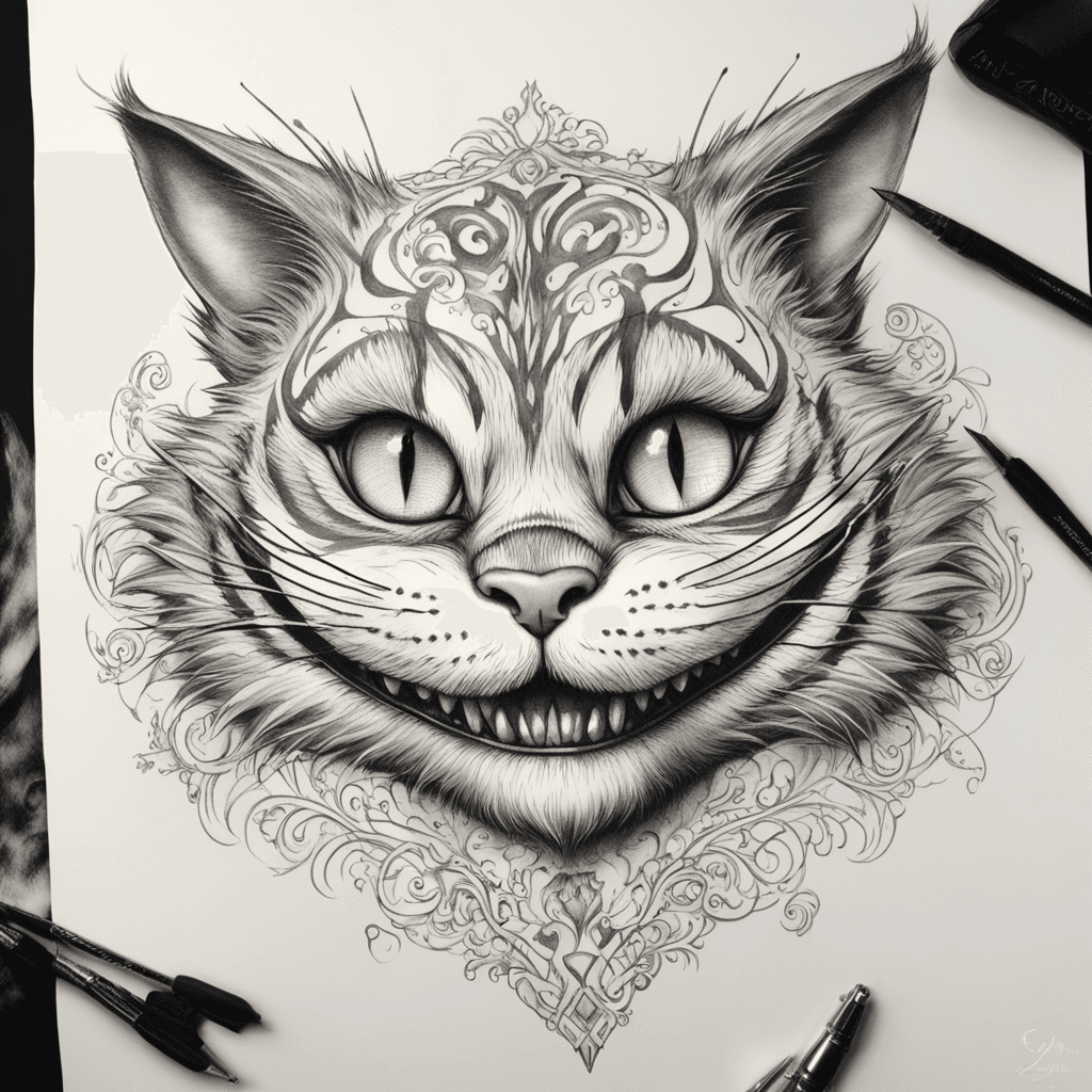 Tattoo sketch of the Cheshire Cat from the 'Alice in Wonderland' movie with Johnny Depp, featuring his iconic wide, mysterious grin and piercing, glowing eyes. The design should capture the cat’s whimsical and slightly eerie charm, with intricate fur patterns and a magical, dreamlike atmosphere. The name 'Evgenia' must be seamlessly integrated into the design — it can flow along the curve of the cat's grin, be hidden in the swirling mist, or elegantly woven into the fur. The overall style should feel enchanting, mysterious, and full of wonder.