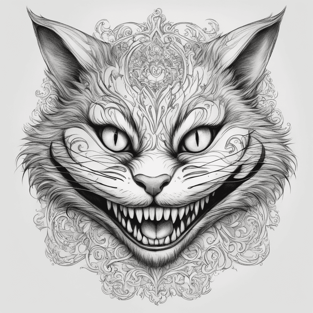 Tattoo sketch of the Cheshire Cat from the 'Alice in Wonderland' movie with Johnny Depp, featuring his iconic wide, mysterious grin and piercing, glowing eyes. The design should capture the cat’s whimsical and slightly eerie charm, with intricate fur patterns and a magical, dreamlike atmosphere. The name 'Evgenia' must be seamlessly integrated into the design — it can flow along the curve of the cat's grin, be hidden in the swirling mist, or elegantly woven into the fur. The overall style should feel enchanting, mysterious, and full of wonder.